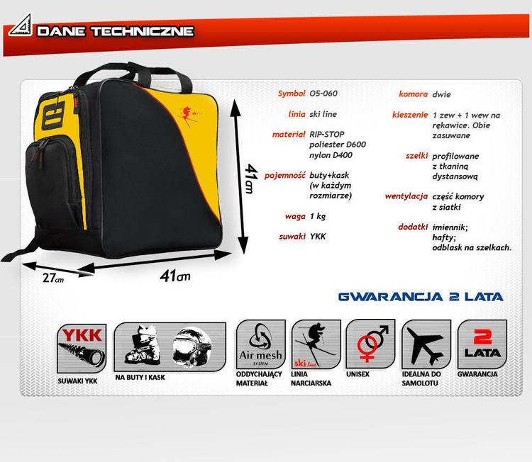 Skirucksack Tasche für Schuhe und Helm "Ski" gelb